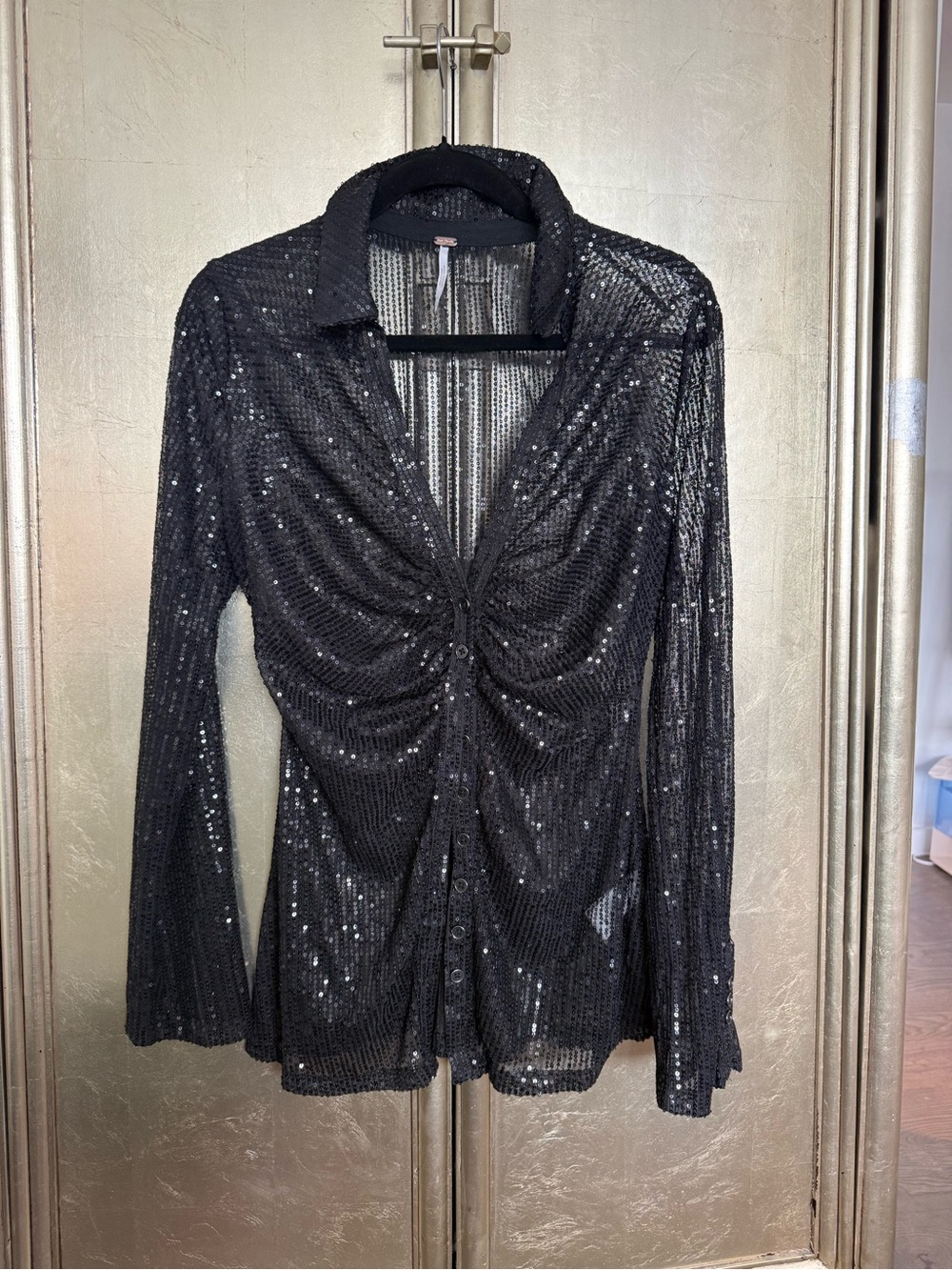 Free People Black Sequin Ruched Button-Front Women's Top
